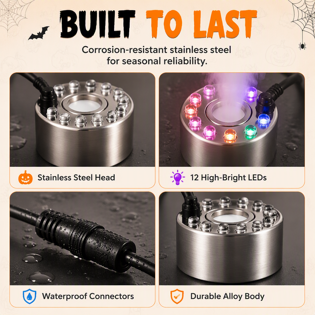 12-LED Ultrasonic Mist Maker Fogger – Creates cool mist & colourful light – Perfect for humidifiers, fountains or Halloween decor – runs quietly in water