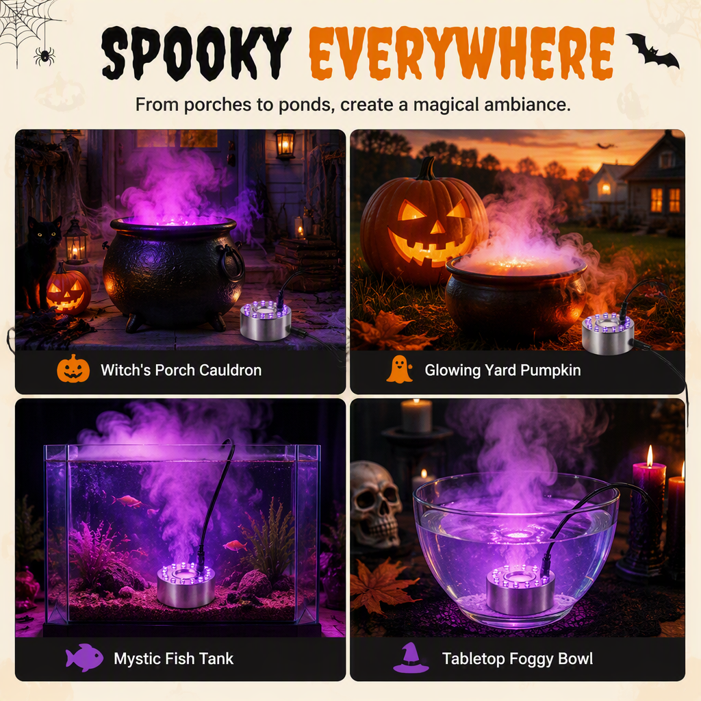 12-LED Ultrasonic Mist Maker Fogger – Creates cool mist & colourful light – Perfect for humidifiers, fountains or Halloween decor – runs quietly in water