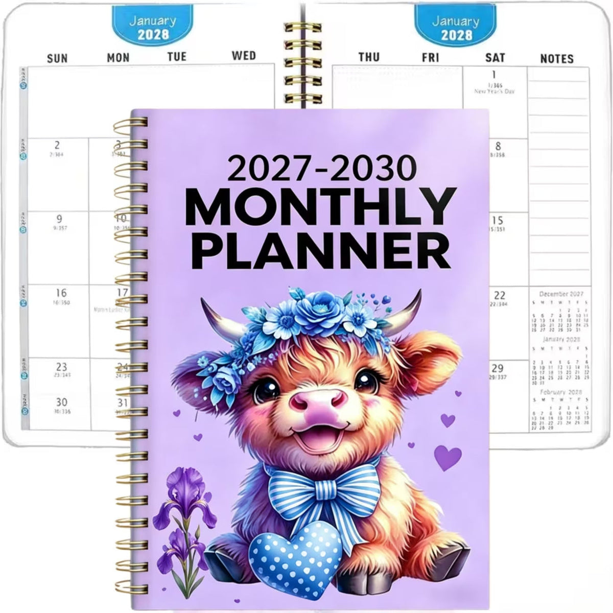 2030 Monthly Planner Cute Highland Cow 5-Year Calendar | Large Monthly Blocks for Long-Term Planning