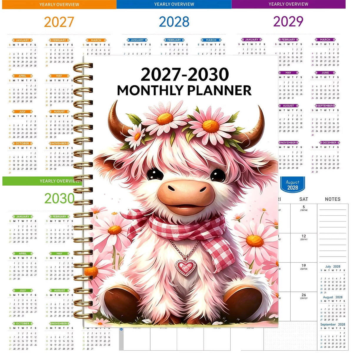 2030 Monthly Planner Cute Highland Cow 5-Year Calendar | Large Monthly Blocks for Long-Term Planning