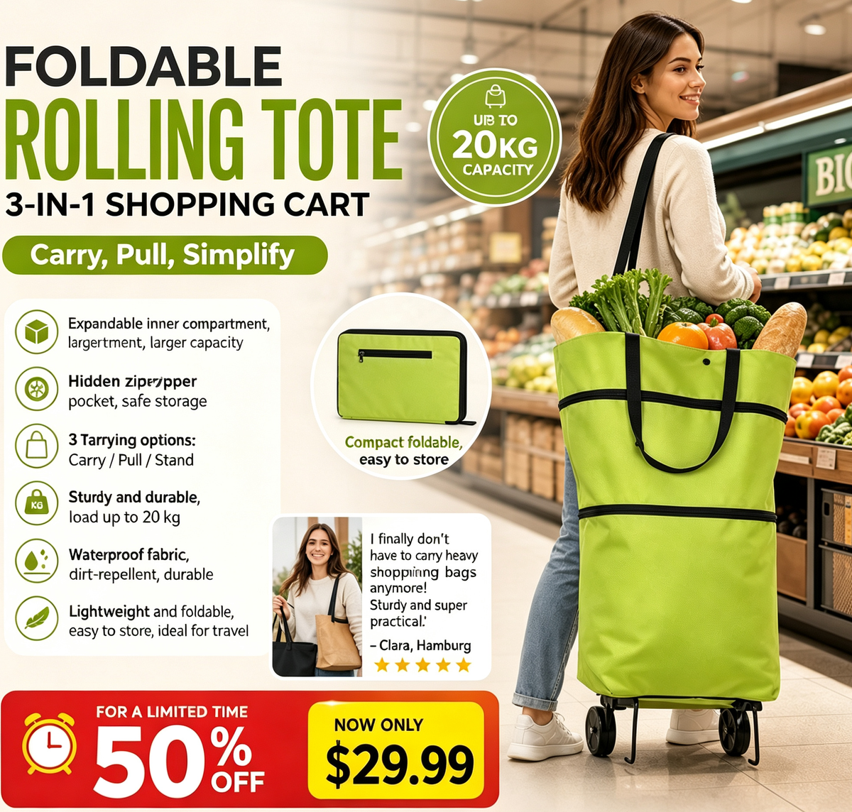 Convertible shopping tote – hides wheels, holds 20kg, expands with zipper!