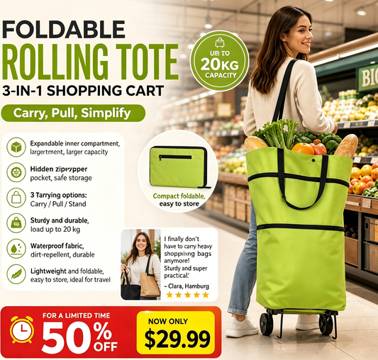 Convertible shopping tote – hides wheels, holds 20kg, expands with zipper!