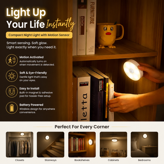 Compact Household Night Light with Motion Sensor – No-Wire Smart Lighting For Cabinets, Closets & More