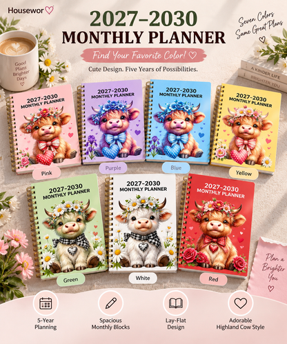2030 Monthly Planner Cute Highland Cow 5-Year Calendar | Large Monthly Blocks for Long-Term Planning