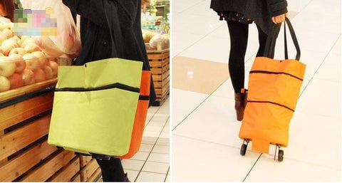 Convertible shopping tote – hides wheels, holds 20kg, expands with zipper!