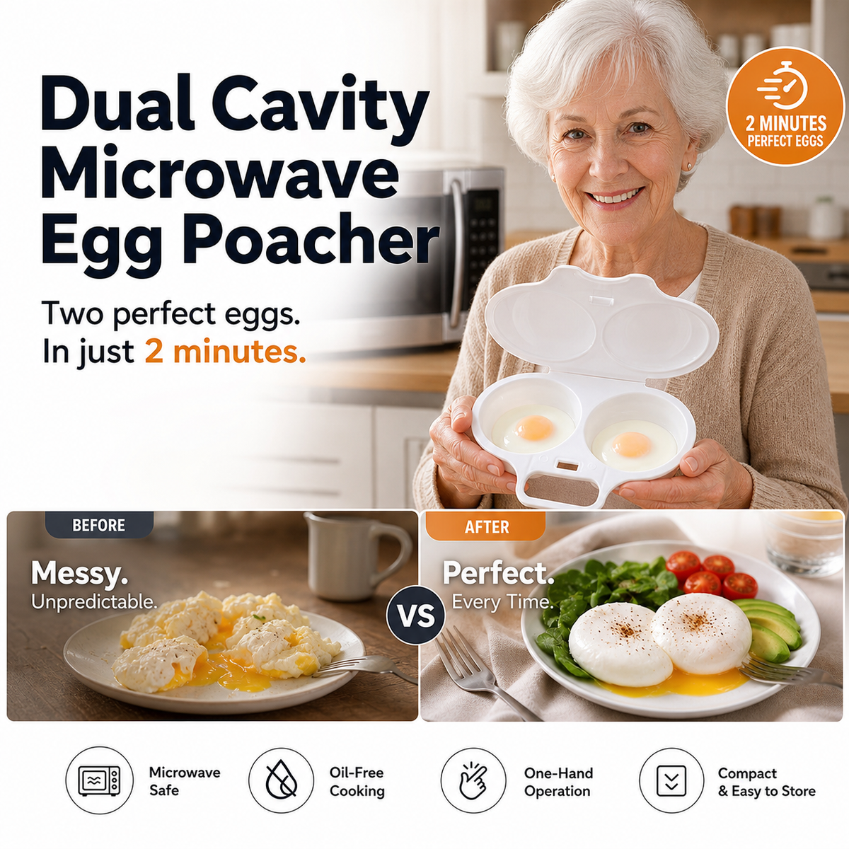 Microwave Egg Poacher——Dual‑cavity, non‑stick & easy clean. Healthier than frying – stock up & save!