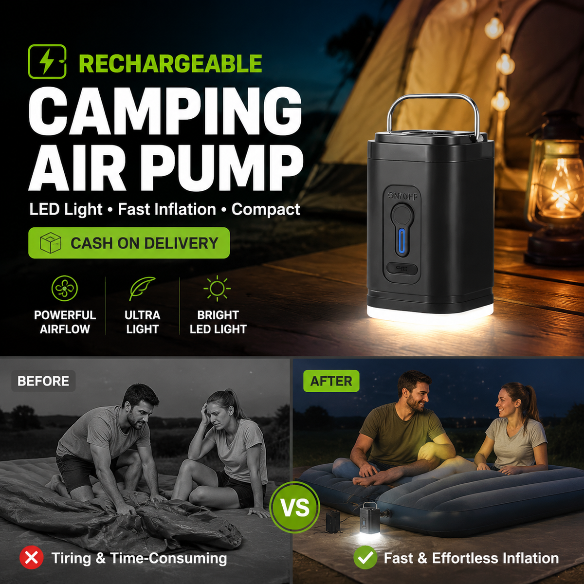 Rechargeable Camping Air Pump – LED Light, Fast Inflation, Compact –