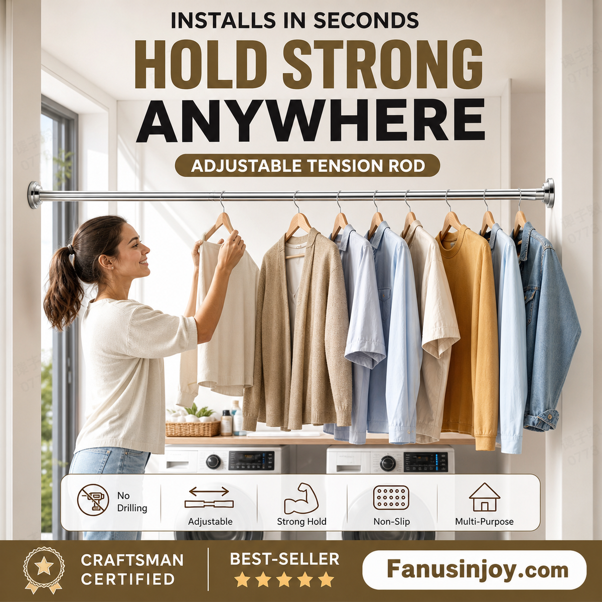 Create storage space anywhere anytime！Adjustable No-Drill Tension Rod