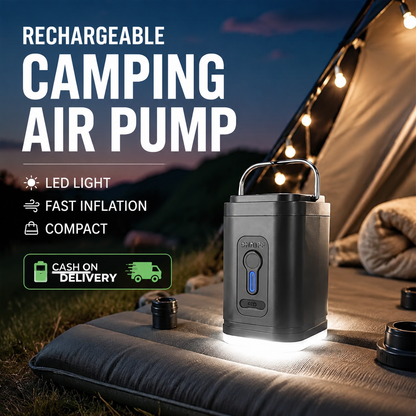 Rechargeable Camping Air Pump – LED Light, Fast Inflation, Compact –