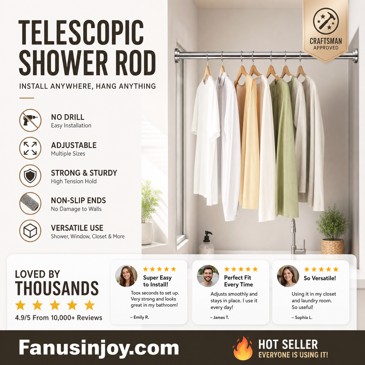Create storage space anywhere anytime！Adjustable No-Drill Tension Rod