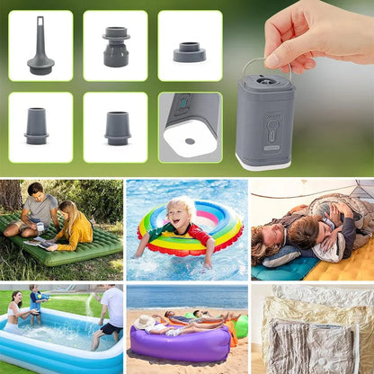 Rechargeable Camping Air Pump – LED Light, Fast Inflation, Compact –