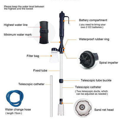 Electric Aquarium Gravel Cleaner—battery-operated, adjustable length, and easy to use—suitable for all aquariums