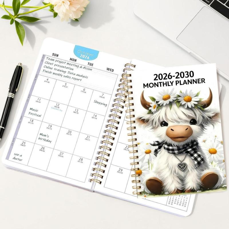 2030 Monthly Planner Cute Highland Cow 5-Year Calendar | Large Monthly Blocks for Long-Term Planning