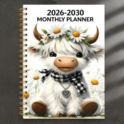 2030 Monthly Planner Cute Highland Cow 5-Year Calendar | Large Monthly Blocks for Long-Term Planning