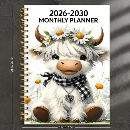 2030 Monthly Planner Cute Highland Cow 5-Year Calendar | Large Monthly Blocks for Long-Term Planning